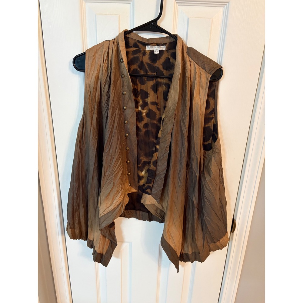 Alberto Makali Vest Womens XL Bronze Crinkle Leopard Print Asymmetrical Boho